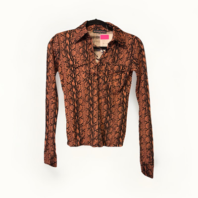 NWT ALEXACHUNG Brown Black Snake Print Lace Up Button-Down Shirt XS