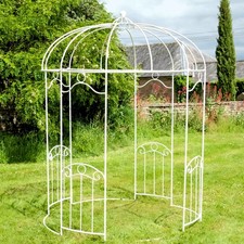 Cream Steel Round Garden Gazebo; Fleur de Lys Design Rustic Metal Garden Feature