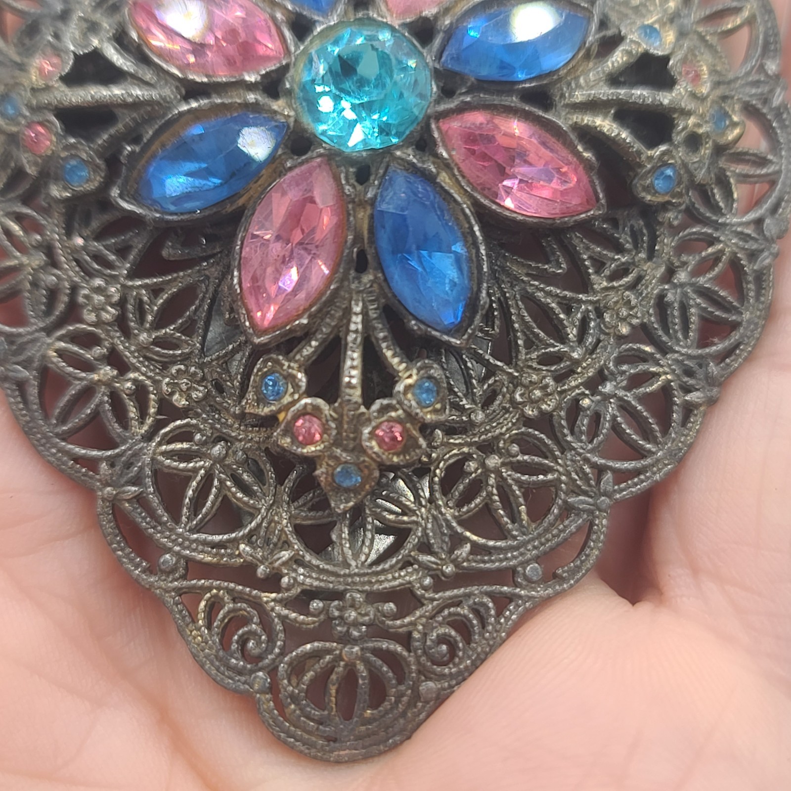 Vintage Rhinestone Dress Clip Pastel Blue Pink Silver Tone