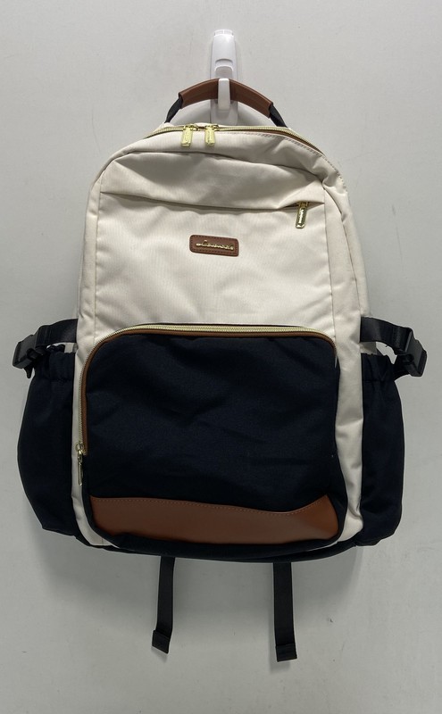 Lovevook Cream and Black Canvas Backpack Gold Hardware Commuter Laptop Bag