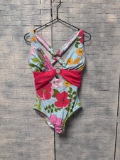 Venus 8 Barbados One Piece Swimsuit Blue Pink Floral O-Ring Retro 70s Beachwear