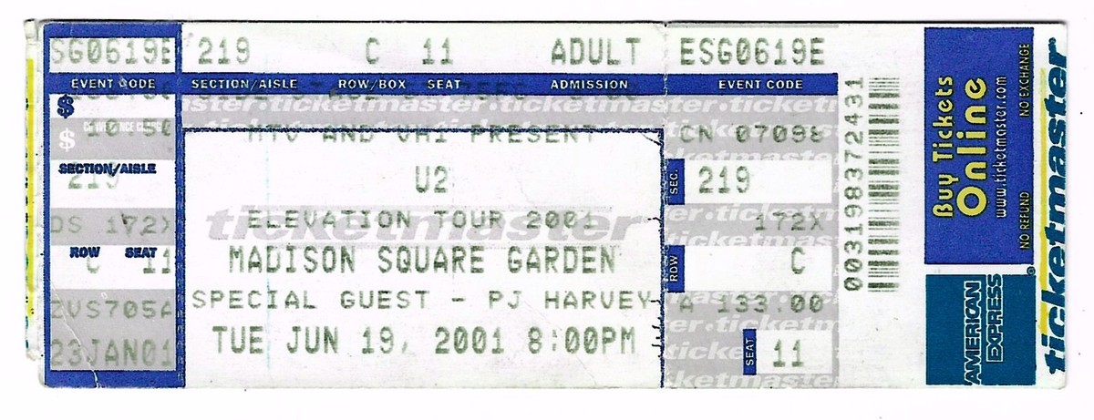 U2 6/19/01 New York City NY Madison Square Garden Rare Ticket! MSG