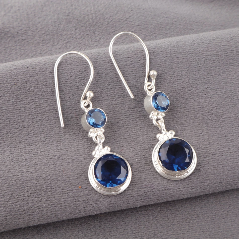 Round London Blue Topaz 925 Sterling Silver Drop Dangle Wife Earrings Jewelry - Image 3 of 4