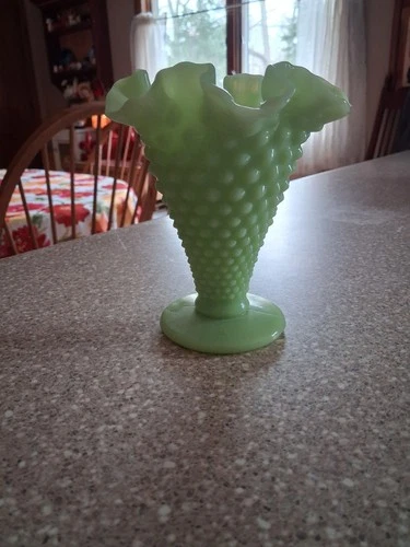 Vtg Fenton Lime Green Satin Custard Glass Hobnail Ruffled Vase 1970s