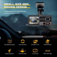 HD 1080P Car Dual Lens Dash Cam Front/Rear/Inside Video Recorder Camera G-Sensor