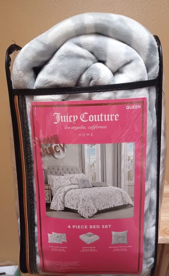 Juicy Couture Grey/White Tiger Stripes Plush 4pc Queen Comforter Set Soft & Cozy - Image 4 of 4
