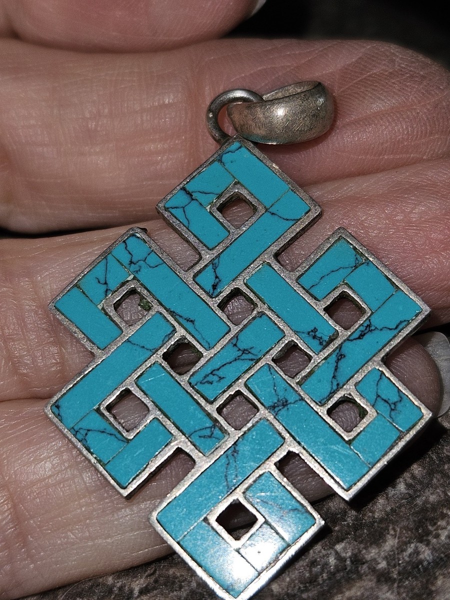 Silver Endless Knot Turquoise Inlay Pendant View 2