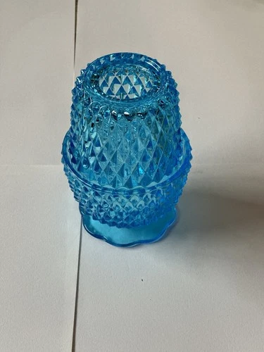 VTG TIFFANY BLUE Indiana Glass Diamond Point FAIRY LAMP Angel Light PEACOCK BLUE