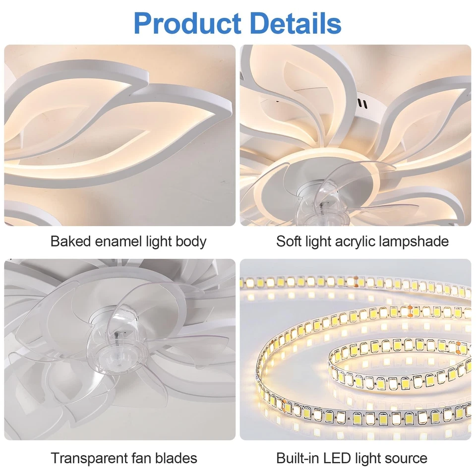 27.6 Inch Modern Flower Ceiling Light with Fan, 6 Speeds with 5 Blades, Remot... - Image 4 of 4