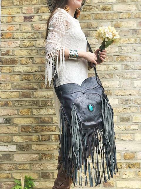 Black LEATHER TASSEL BAG Fringe Native American Boho Western  