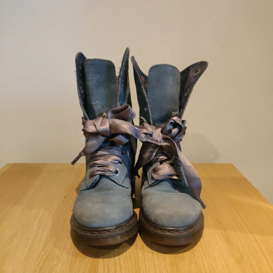 Dr Martens Aimilie Sea Blue Suede 9 Holes Mid Calf Boots Floral Lining Uk 3 - Image 3 of 4