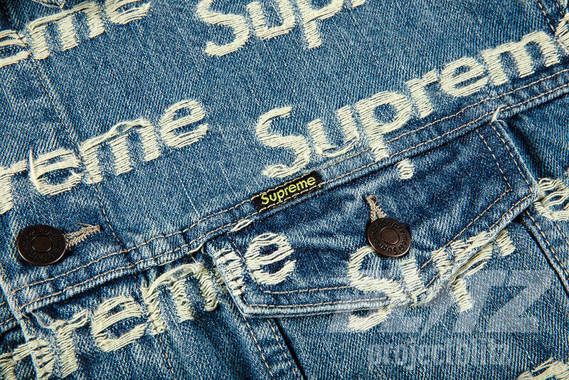 SUPREME FRAYED LOGOS DENIM TRUCKER JACKET BLUE SS21