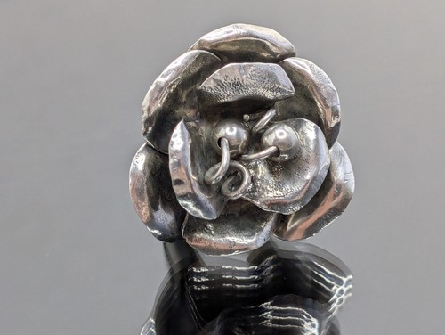 Huge OOAK Vtg Handmade Ladda Bihler Sterling Silver Rose Flower Cocktail Ring - Picture 6 of 14