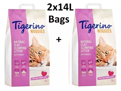 Tigerino Cat Litter Nuggies Classic Fine Grain Babypowder Scented Natural 2x 14L