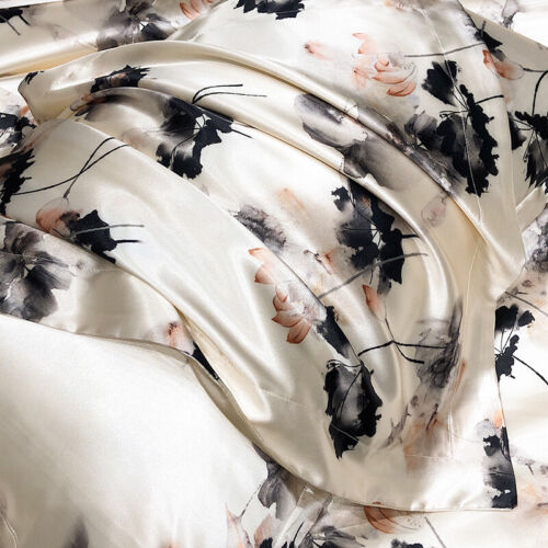 Silk Bedding Set 4pcs Washed Ice Silk Quilt Cover Flat Sheet Pillowcases Flowers - Picture 6 of 48