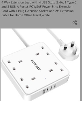 4-Wege Verlängerungskabel mit 4 USB-Steckplätzen (3,4 A, 1 Typ C und 3 USB-A-Anschlüsse), POWSAF