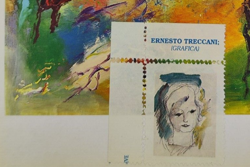Ernesto TRECCANI (1920-2009) TECNICA MISTA COLLAGE su Cartolina Opera Anno 2002 - Foto 5 di 6