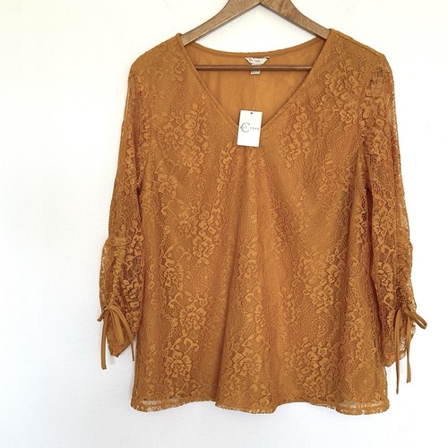 Cato Damen Shirt Medium gelb Pullover Spitze 3/4 Ärmel V-Ausschnitt Bluse Top neu mit Etikett