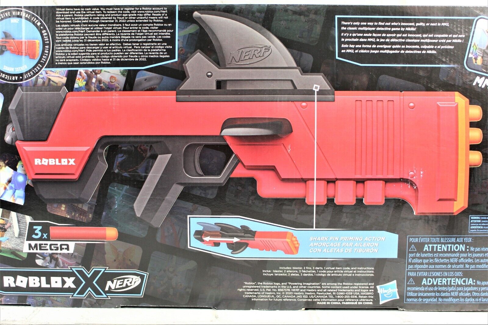 NERF Roblox MM2: Dart Blaster, Shark-Fin Priming, 3 Mega Dardos