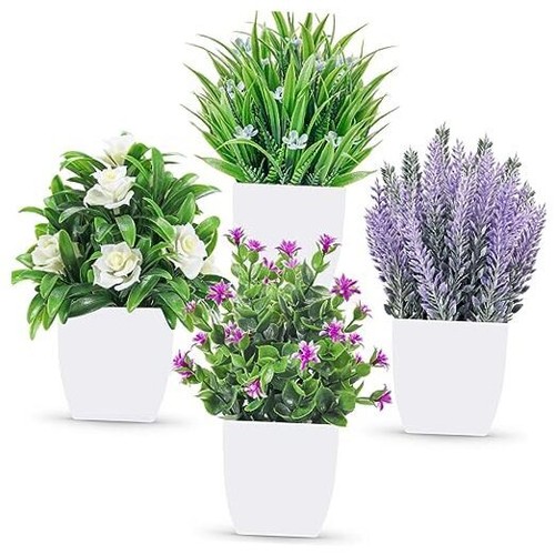 4 Packs Fake Plants Small Artificial Potted Faux Plants with Flowers for Home