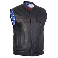 Mens's Leather Motorcycle Vest with Scoop Collar  USA Flag