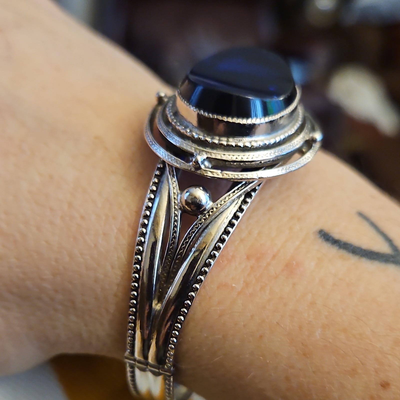 Middle Eastern Silver Cuff Bracelet with Blue Ova… - image 2