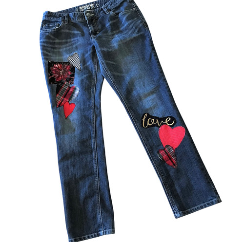 Upcycled Distressed Patchwork Jeans, Handmade Heart Patches Juniors Size 11