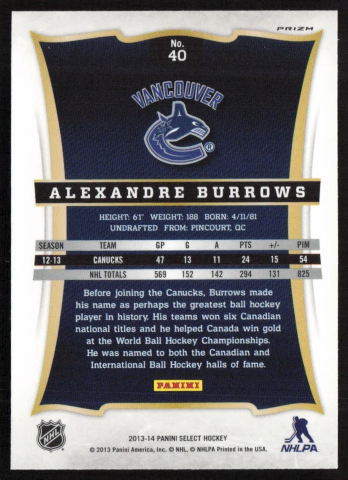 2013-14 Panini Select Silver Prizms Alexandre Burrows #40 Canucks - Image 2 of 2