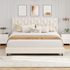 Beige King Size Bed Frame with Wooden Slats and Upholstered Adjustable Headboard