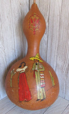 Vtg Mexican Folk Art Maraca Painted Gourd w/ Stopper Man Woman Cactus 1940s