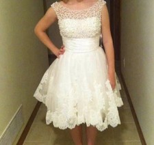 Sherri Hill Ivory Fit  Flare Scoop Neck Pearl Beaded Knee Satin Dress 4