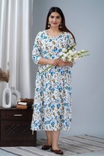 Handmade Small Blue FLOWERS Block Print Maternity Gown comfortable casual wear