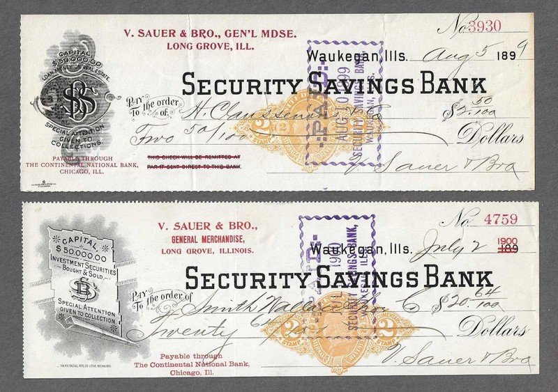 2 Waukegan Illinois Checks 1899-1900 RN-X7