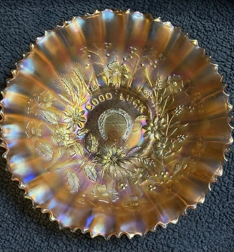 Lovely Northwood Carnival Glass Dark Marigold PCE GOOD LUCK Bowl