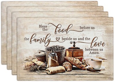 Set of 4 Christian Coffee Placemats Bless The Food 12x18 Inch