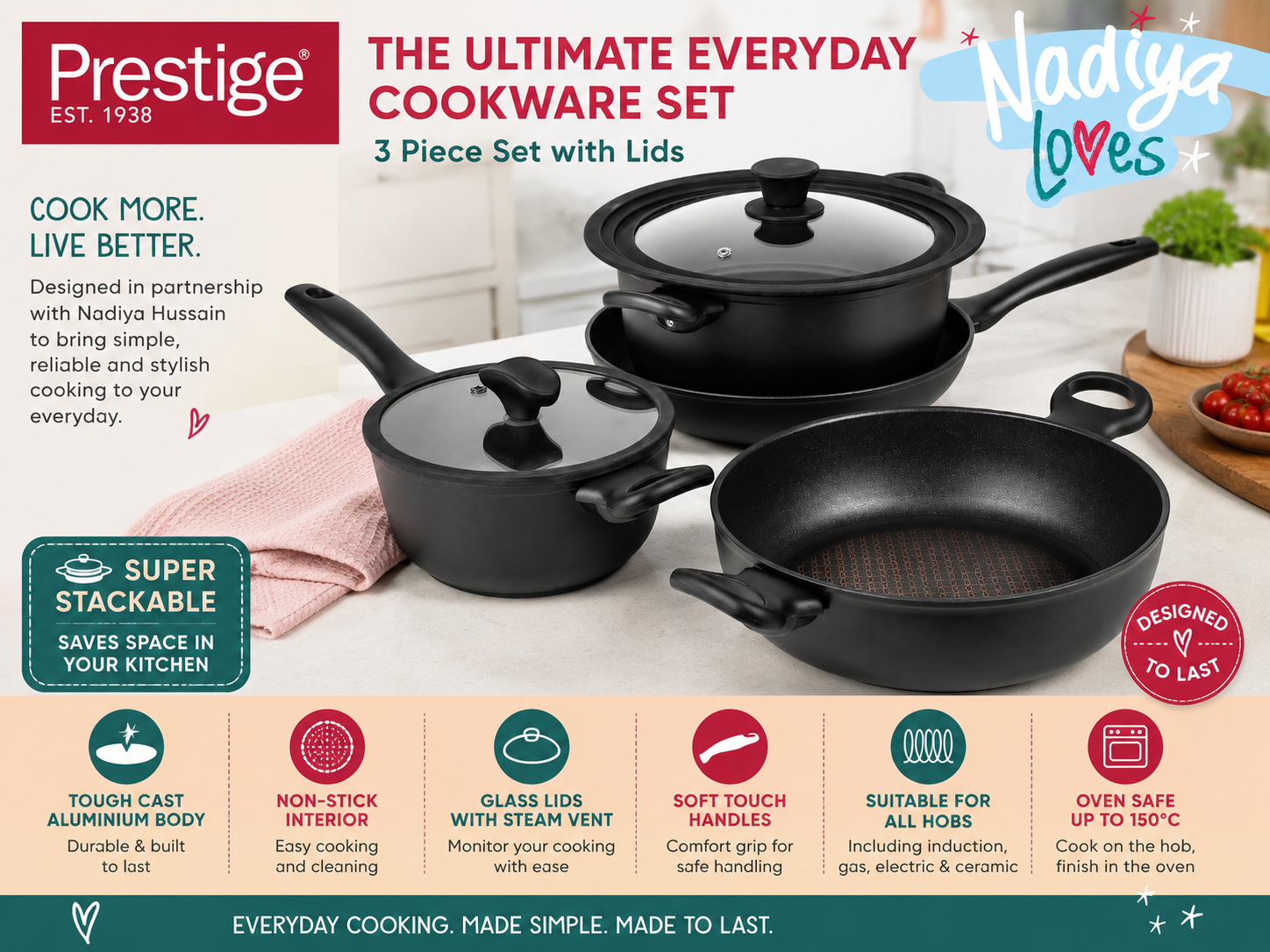 Prestige Nadiya 4pc Nesting Pan Set Non Stick Induction Saucepan Lid