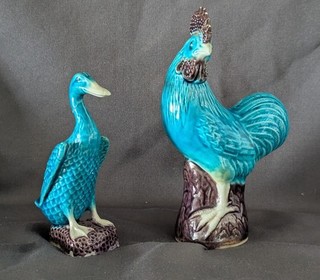 Two Ceramic Blue Bird Figures a Goose and a Cockeral or Rooster (A/F)