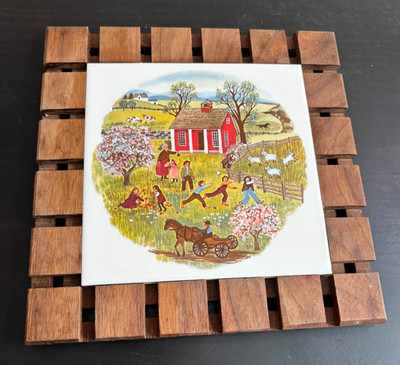 VTG Franciscan Pottery USA Schoolyard Scenery Art Tile Tea Trivet Hot Plate