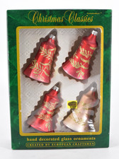 Commodore (4) Christmas Glass Ornaments Hand Painted Pink Red Gold Bell Shape