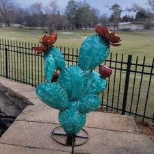 Handmade Metal Art Cactus Nopales Rustic Turquoise Home Garden Decor