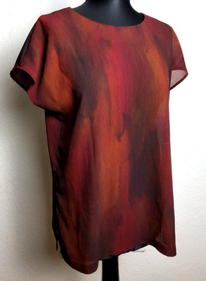 Weinrotes Shirt Orange Aquarell, Leichte Vintage Bluse Krepp Rot Bordeaux Chic