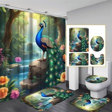 Peacock Waterfall Shower Curtain Non-Slip Bath Mat Toilet Lid Cover Bathroom Rug