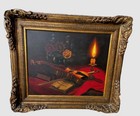 German Candle Flame Book Violin Still Life by Listed Alois Hennersdorf b1927 — photo 6