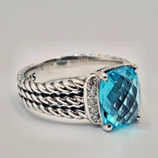 David Yurman 10x8mm Blue Topaz and Diamond Petite Wheaton Ring Size 7