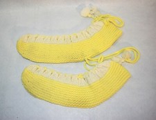 Slippers Socks Handmade Knit Yellow White Vintage