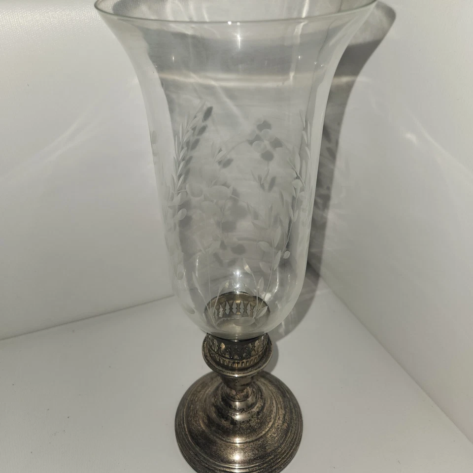 1940's Wm. Rogers Weighted Sterling Candleholders W/ 1 Etched Hurricane Glass - Image 2 of 4