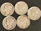 Lot Of 5 90% Silver Mercury Dimes.  Mixed Dates