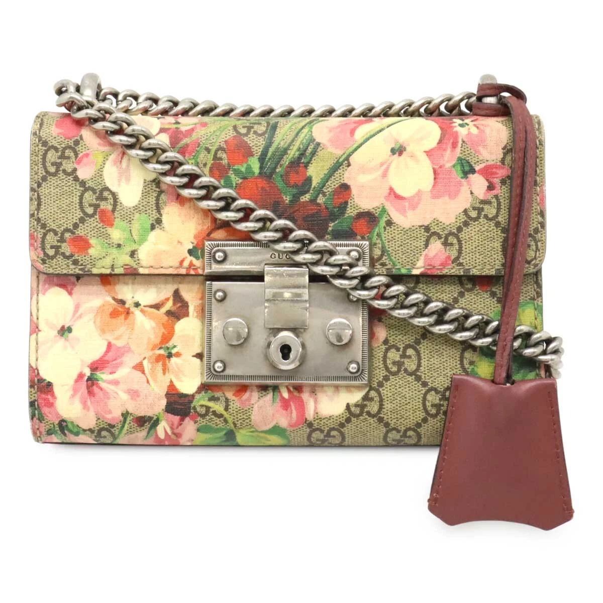 GUCCI GG Blooms Padlock Small Shoulder Bag Chain Shoulder Flower PVC Beige Pink