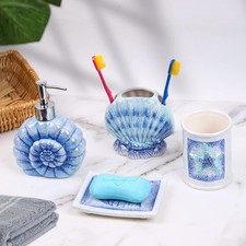 Coastal Ceramic Bathroom Accessory Set - 4 Piece Seashell Starfish Decor, I...