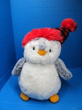 Aurora Festive Pompom Penguin Plush Red Black Plaid PomPom Hat 10"